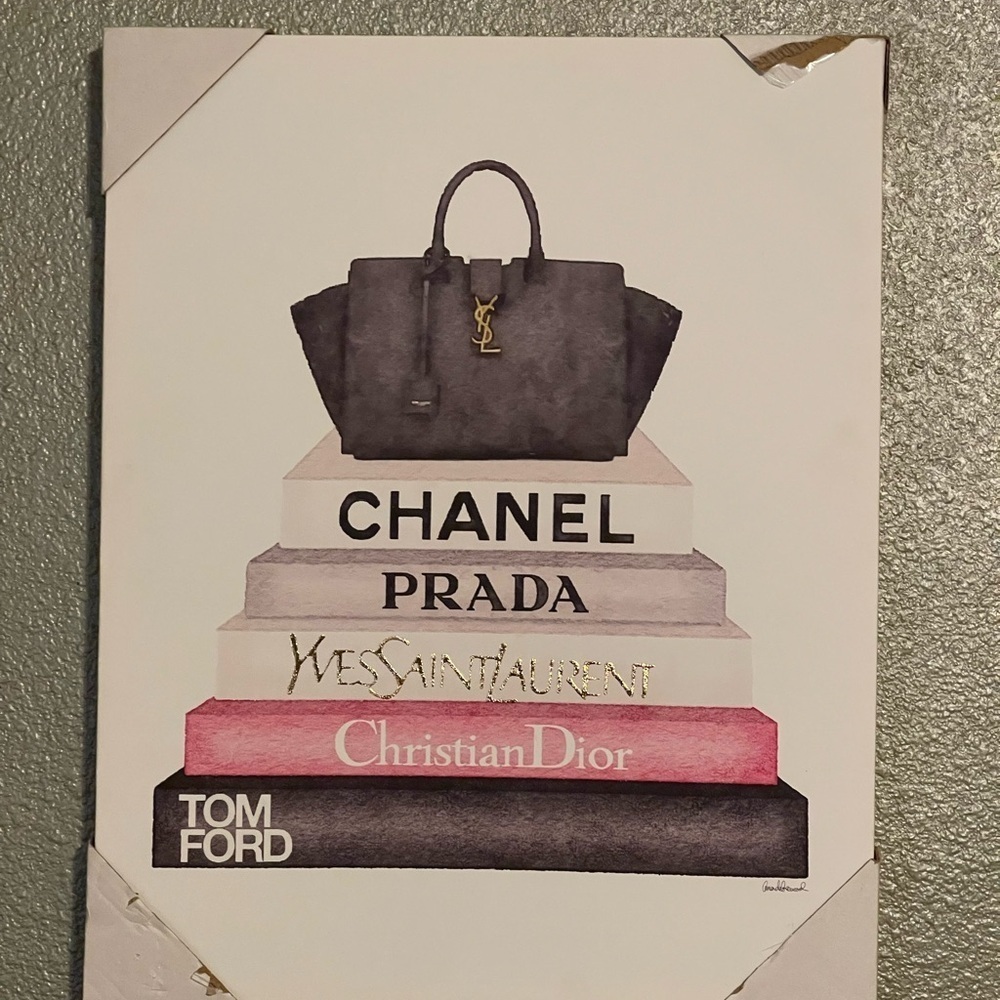 Yves Saint Laurent Fashion Book Stack Wall Art - Black, Gold, Pink